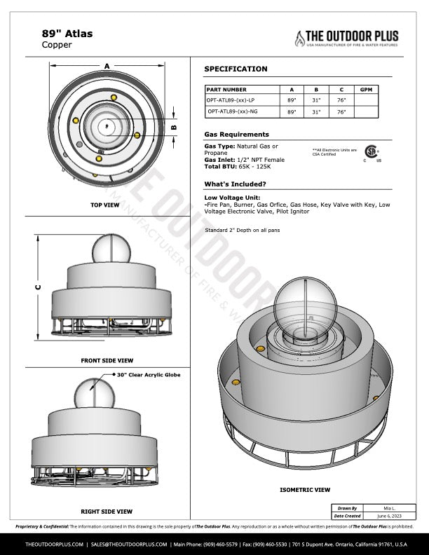 ATLAS - 89" Fire & Water Fountain - Self Contained Unit