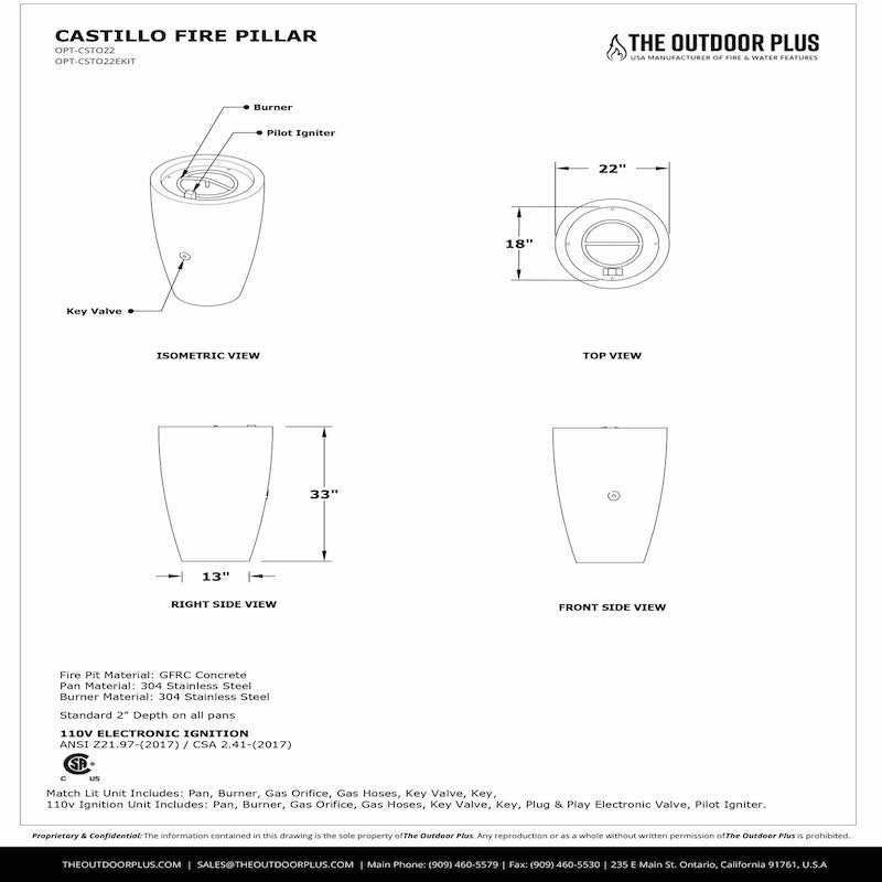 CASTILLO Fire Pillar - GFRC Concrete - Rustic Collection - with Access Door