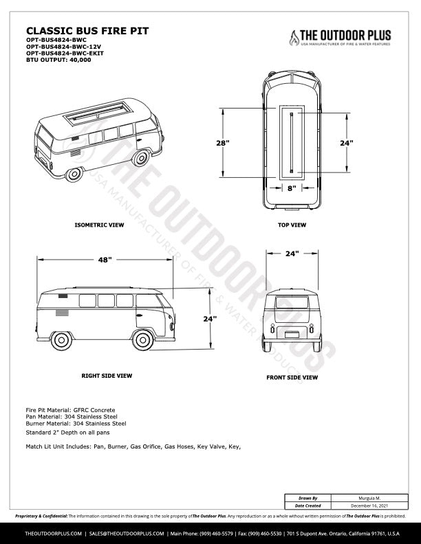 CLASSIC BUS Fire Pit - Black and White Collection - 48" Concrete